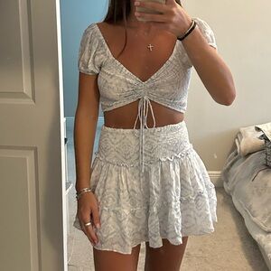 white and blue skirt set